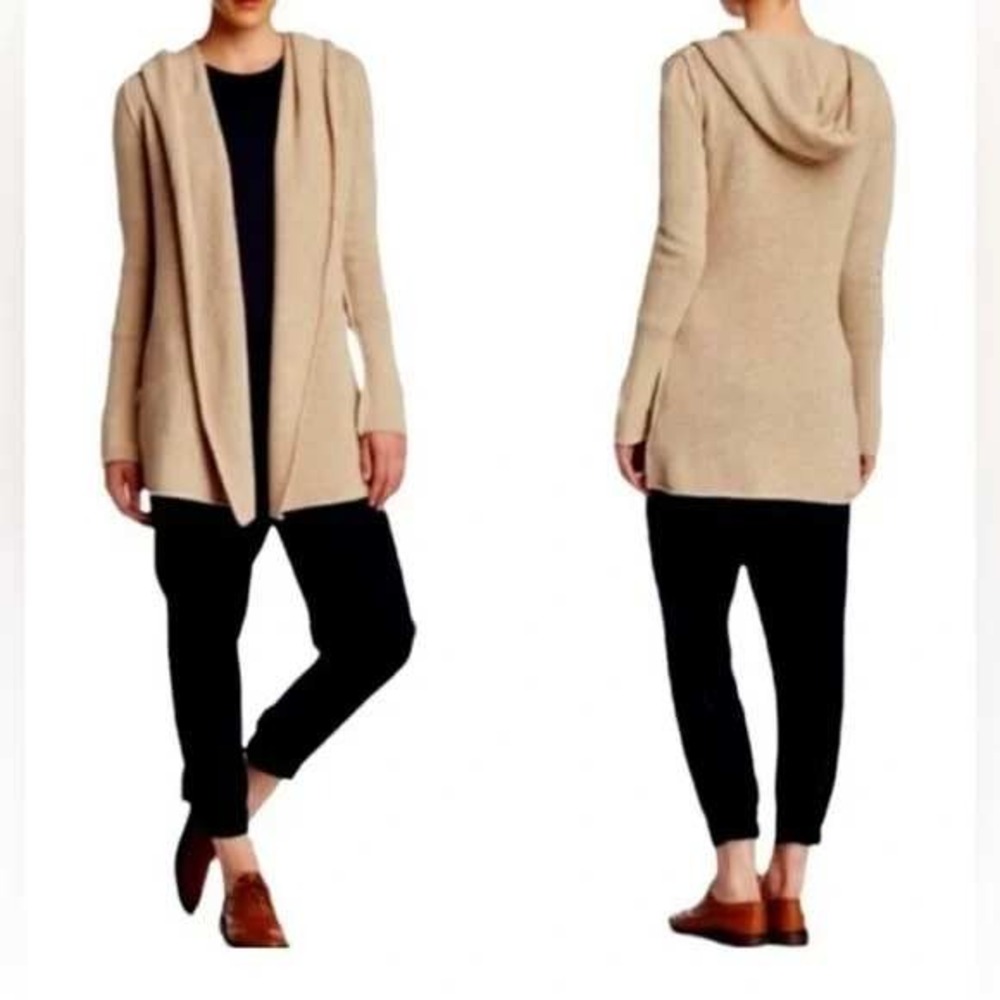 VINCE Yak Wool Cardigan Women's Medium Tan Hooded Open‎ Quiet Luxury Neutral